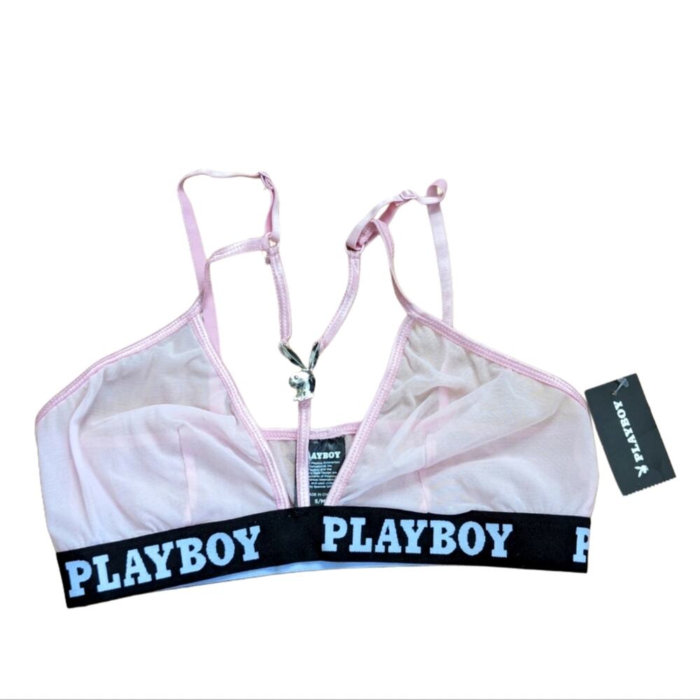 Playboy Y2K 2000s Style Light Pink Sheer Strappy Bunny Charm Logo Bralette NWT